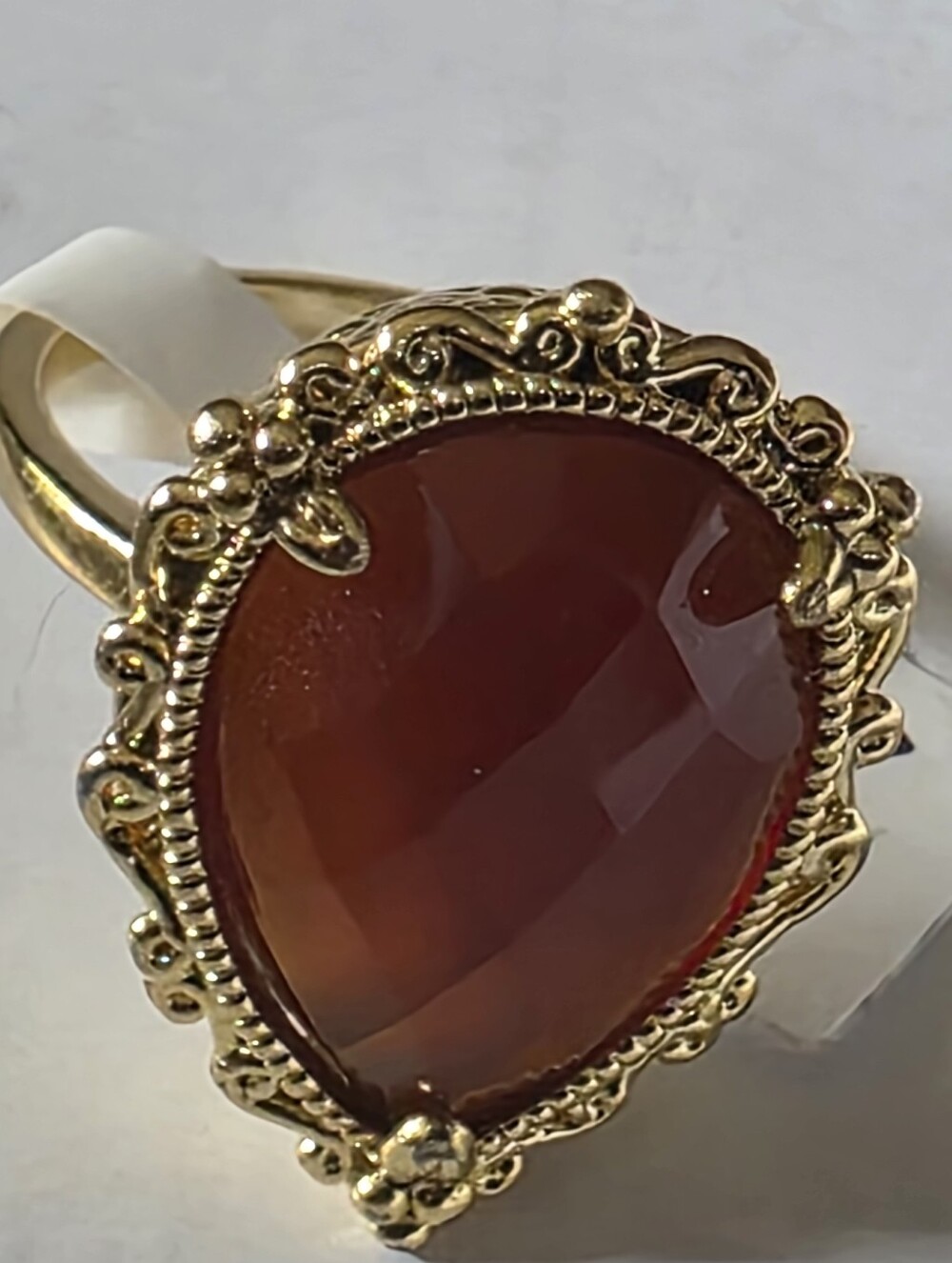 Vintage 18K Gold Filled Bronze Carnelian Pear Ornate Statement Ring Size 7